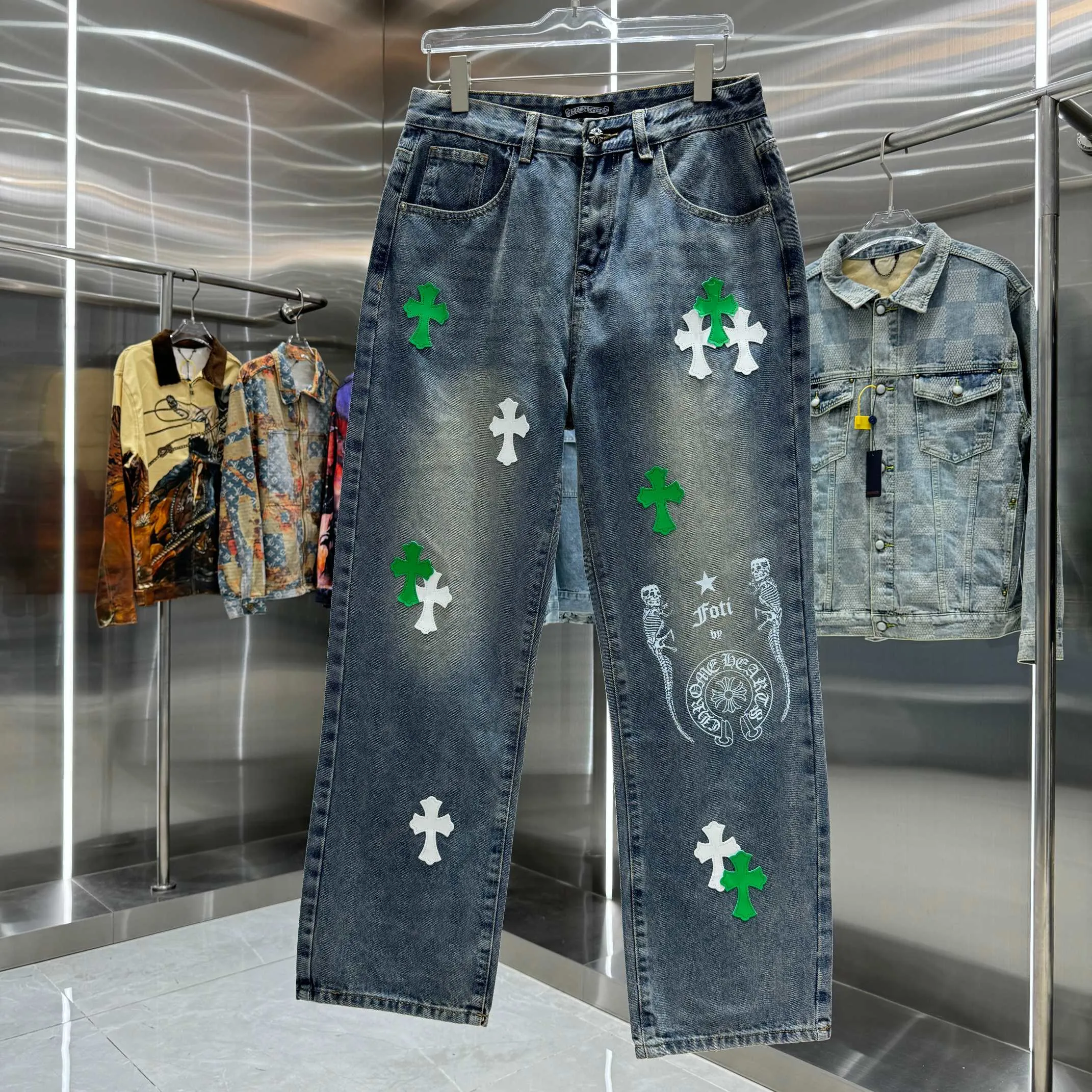🅿️270 Crow Heart Cross Logo + Printed Horseshoe Logo Jeans 2025 latest product, original goods, washed casual jeans, imported original washed stretch fabric, comfortable and elastic, original hardware accessories decorated with logo, super correct version, extremely high grade, counter quality, fashionable and stylish upper body. The printing uses imported white foam printing, custom buttons, YKK zippers. The full set of accessories is customized in a one-to-one mold. Color: blue Size: S-XXL 28 30 32 34 36 codes
